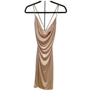LOCK & KEY Nude Champagne Cowl Neck Gathered Slip Dress Small